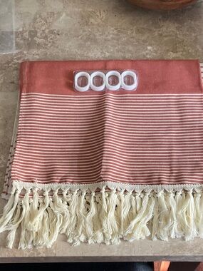 Striped Rust and Cream Shower Curtain with Fringe